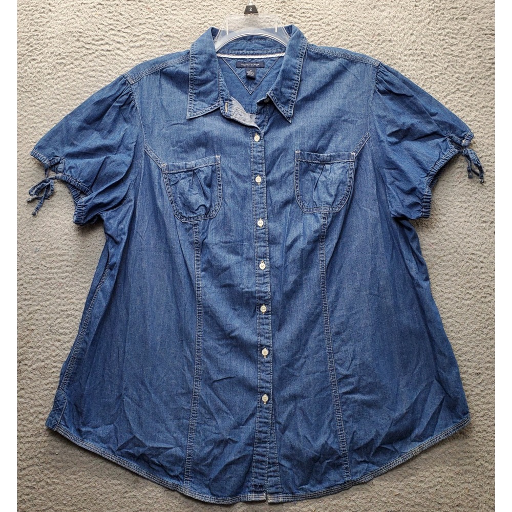 Tommy Hilfiger Jean Shirt Womens 20 Blue Denim Puff Sleeve Collared Button Up